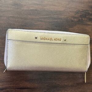 Michael Kors Metallic Gold Zip Wallet with Logo Detail